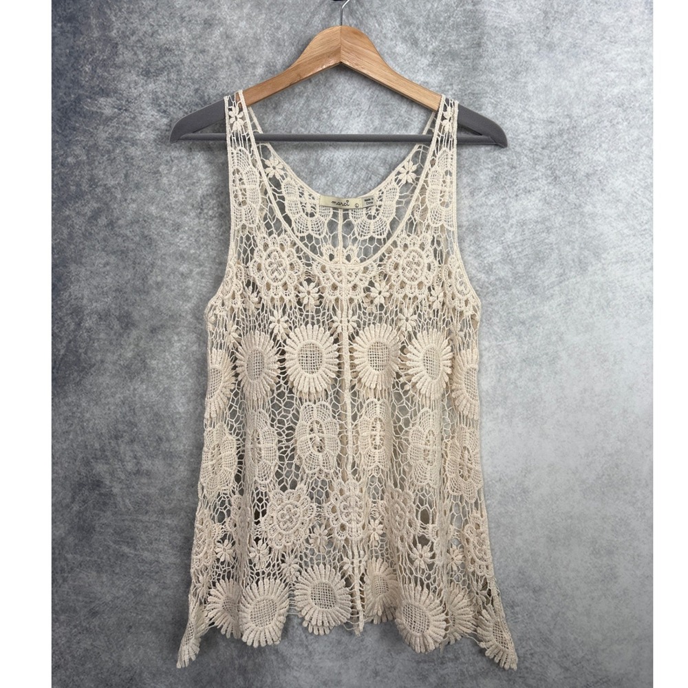 Marci Boho Cream Crochet Lace Daisies Floral Sheer Lace Knit Tank Top Size Large